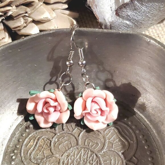 Pink Rose Flower Handcrafted Fimo Polymer Clay Bead Dangle Earrings - Picture 1 of 5